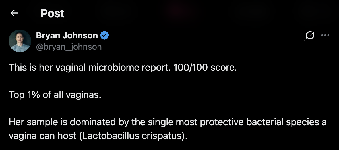 Screenshot of Bryan Johnson tweet about a vaginal microbiome report.